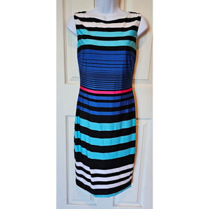 Cache Blue Green Stripe Midi Sheath Dress Women SZ S Sleeveless Boat Neck